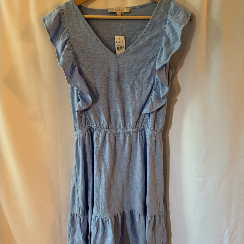 LOFT  Cotton Ruffled Dress Blue Midi Short Sleeve Medium New With Tags